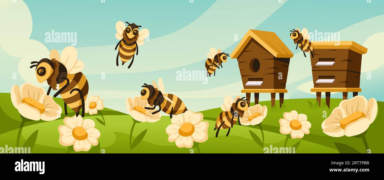 Cartoon apiary. Honey bees fly around hives and blooming flowers at