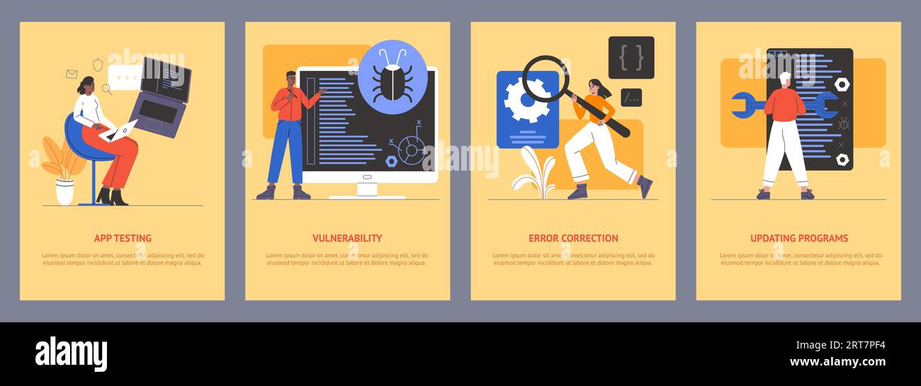 Code testing banners design. Software checking process. People search ...