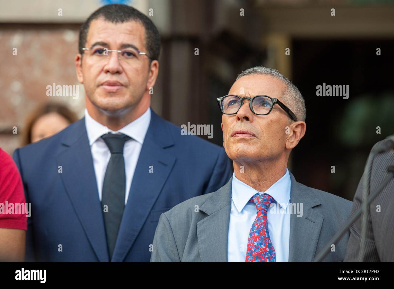 Antwerp, Belgium. 11th Sep, 2023. Moroccan ambassador to Belgium Mohammed Ameur (R) is seen at a memorial ceremony for the victims of the earthquake in Morocco, at the Grote Markt, in Antwerp, Monday 11 September 2023. The earthquake that hit Morocco late Friday killed at least 2,122 people and injured more than 2,400 others. BELGA PHOTO JONAS ROOSENS Credit: Belga News Agency/Alamy Live News Stock Photo