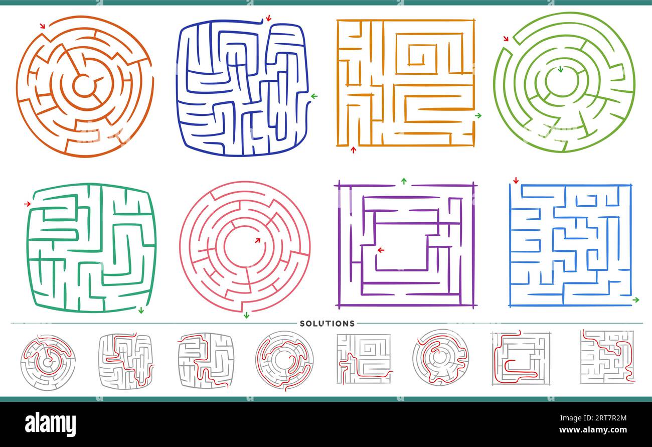 Illustration of maze puzzle games graphs set with solutions Stock