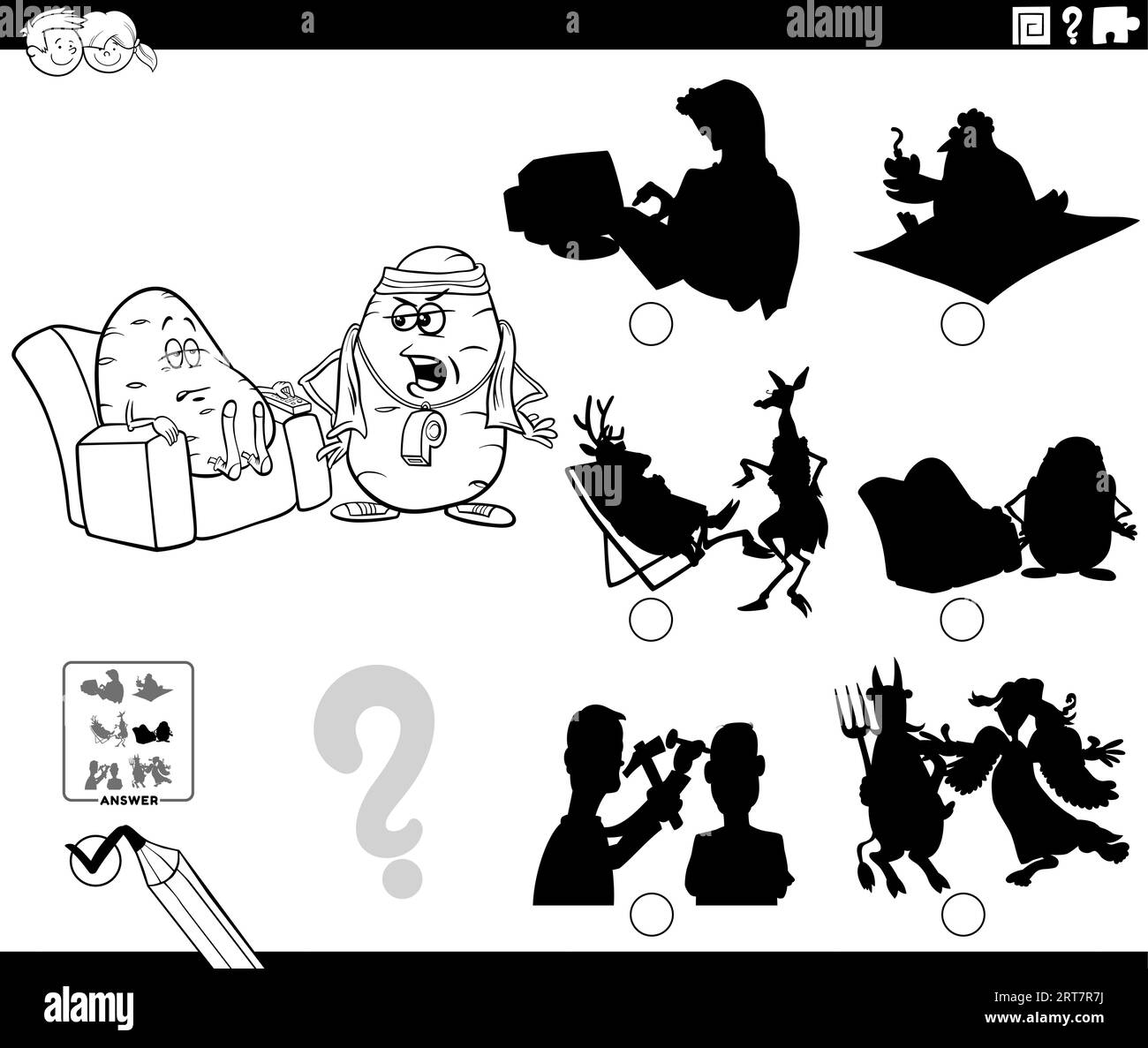 Black and white cartoon illustration of finding the right picture to