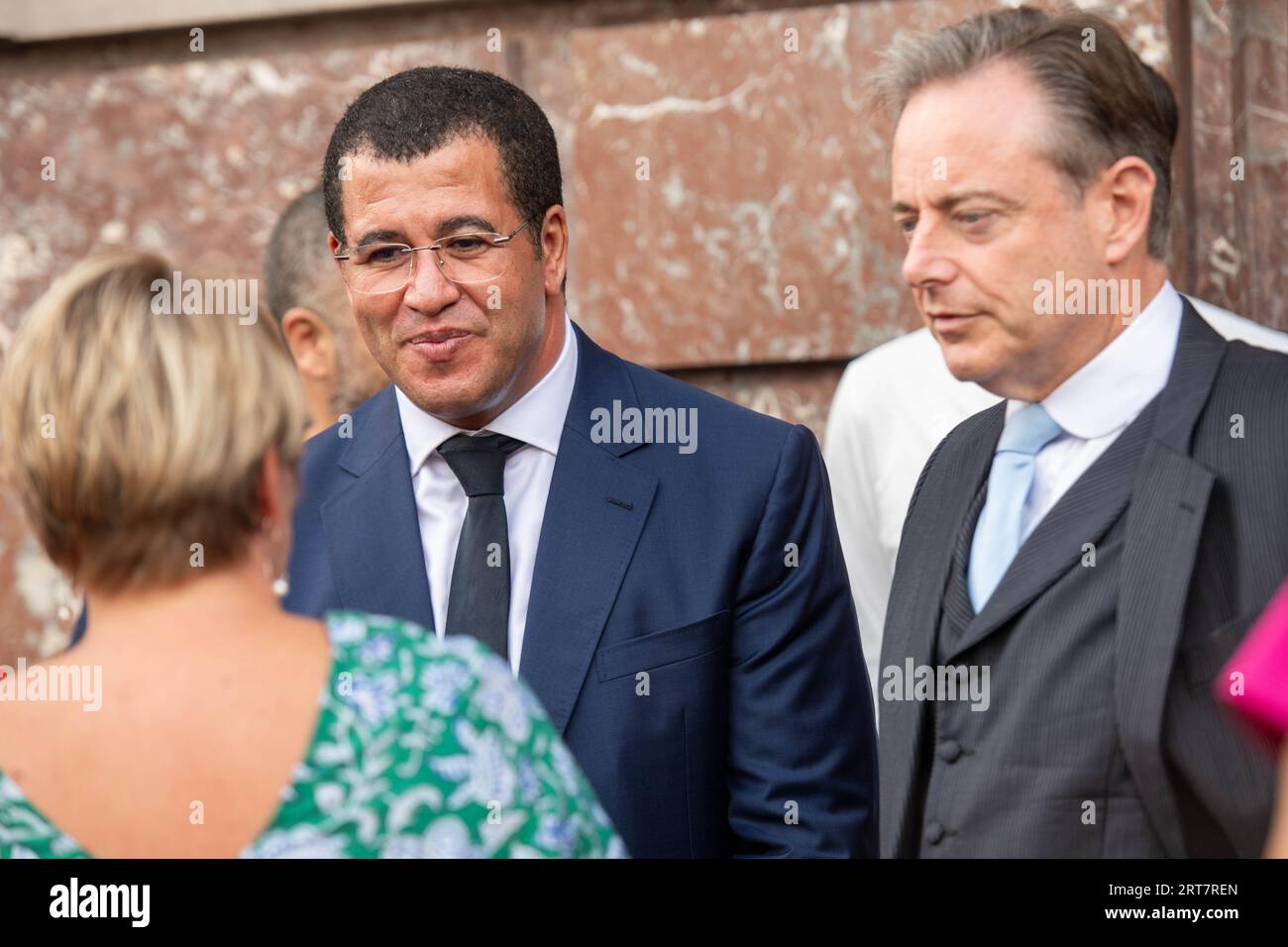Antwerp, Belgium. 11th Sep, 2023. Antwerp's Moroccan consul-general Mounir Ktitou and Antwerpen Mayor Bart De Wever pictured during a memorial ceremony for the victims of the earthquake in Morocco, at the Grote Markt, in Antwerp, Monday 11 September 2023. The earthquake that hit Morocco late Friday killed at least 2,122 people and injured more than 2,400 others. BELGA PHOTO JONAS ROOSENS Credit: Belga News Agency/Alamy Live News Stock Photo