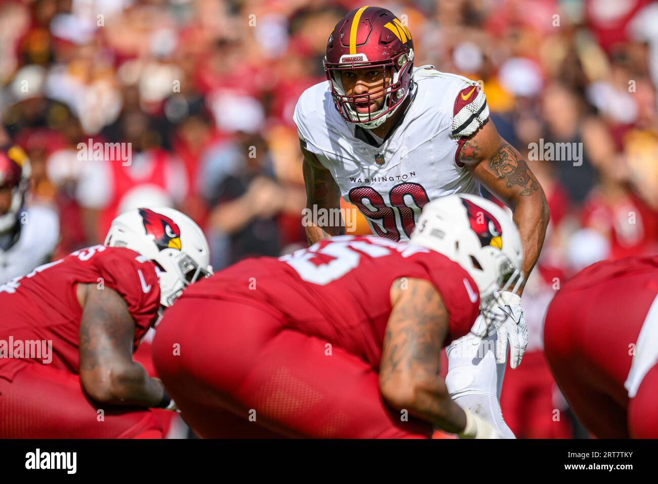 Landover, MD, USA. 10th Sep, 2023. Washington Commanders defensive end Montez Sweat (90) moves into position during the NFL game between the Arizona Cardinals and the Washington Commanders in Landover, MD. Reggie Hildred/CSM/Alamy Live News Stock Photo