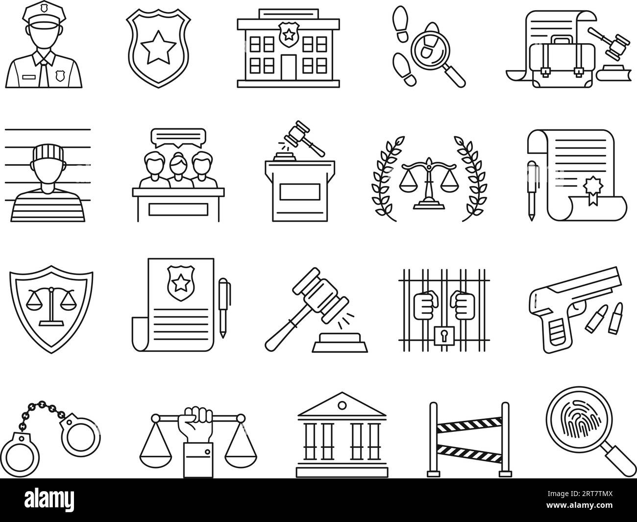 Law and judgment icons. Policeman and convicted felon, police office and court building, scales of justice and judges gavel vector symbols set Stock Vector