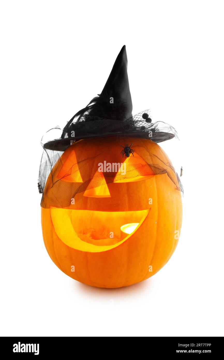 Jack O Lantern Halloween pumpkin with witches hat and spiders on veil ...