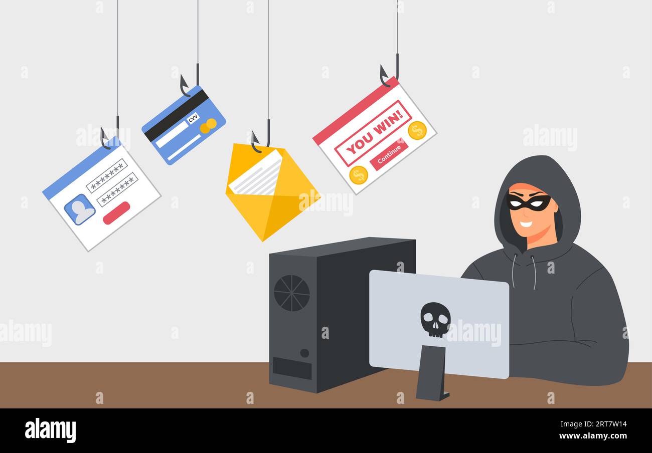 Hacker fishing and sit on sling chair, cyber crime and phishing scam  concept, vector illustration 7892491 Vector Art at Vecteezy