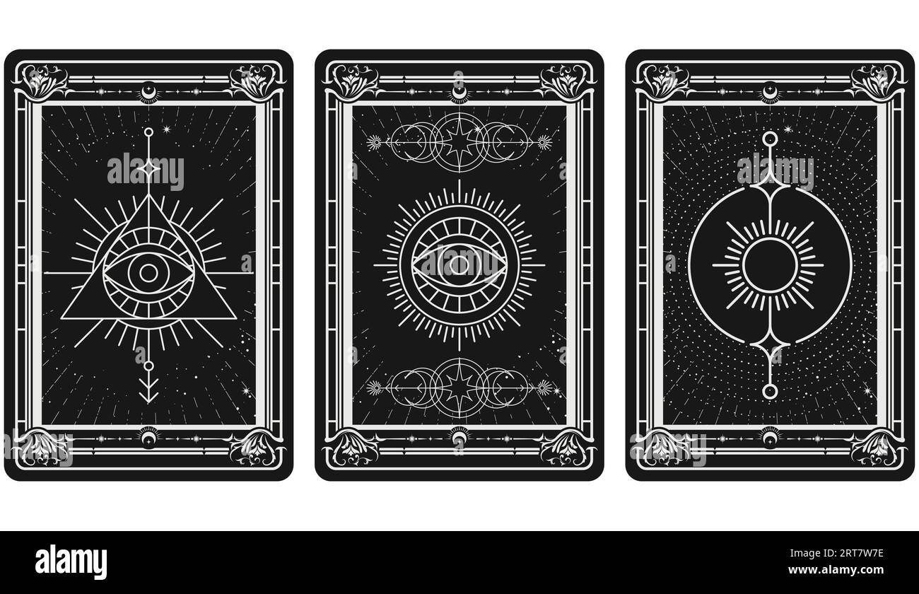 Tarot cards with mystical magic symbols, occult signs, all-seeing eye, occult tribal marks, vector Stock Vector