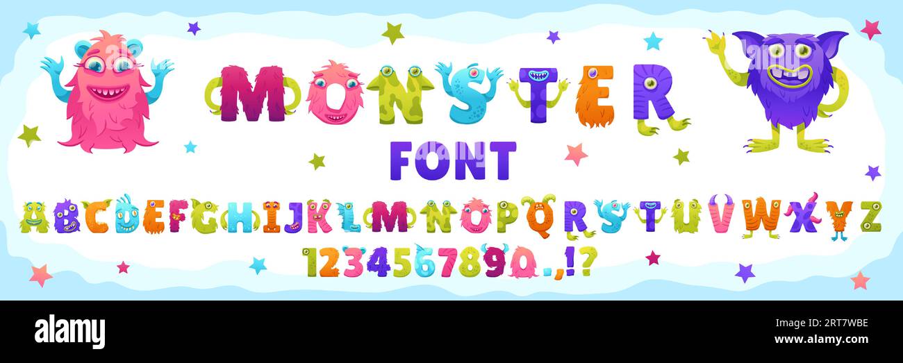 Cartoon monster font. Funny creatures ABC, playful crazy characters letters and numbers