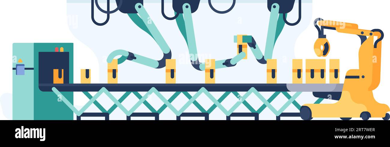 Assembly line. Automatic robotic production process. Manufacturing ...