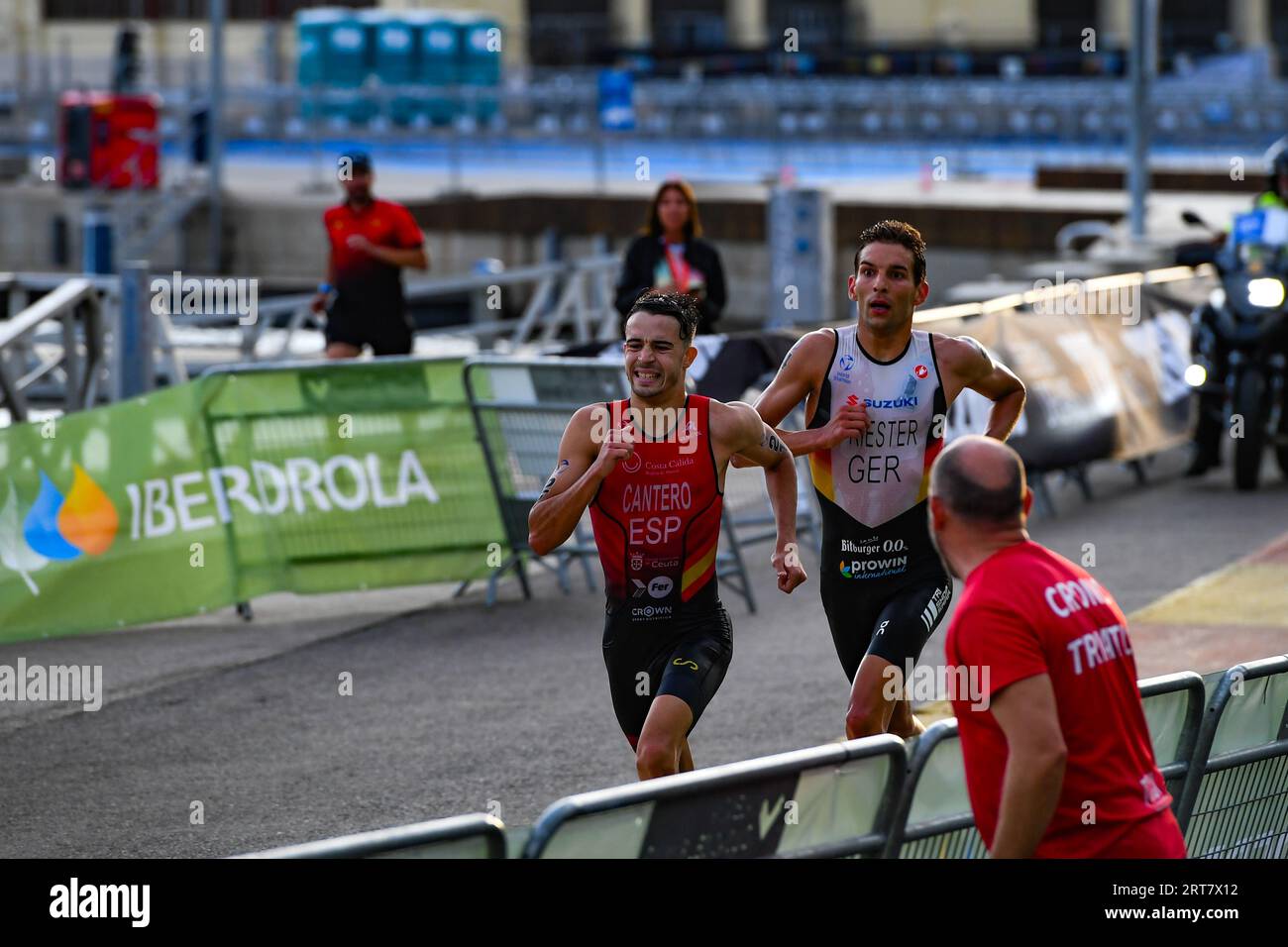 Valencia, Spain. 03rd Sep, 2023. David Cantero Del Campo (L) of Spain and Lasse Nygaard Priester (R) of Germany in action during the bike race of 2023 Triathlon World Cup in La Marina de Valencia. Credit: SOPA Images Limited/Alamy Live News Stock Photo