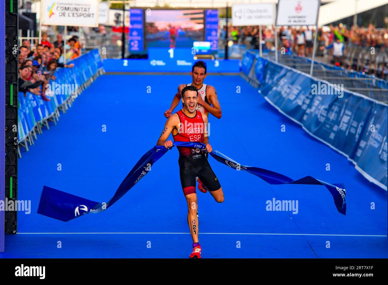 Valencia, Spain. 03rd Sep, 2023. David Cantero Del Campo (F) of Spain seen crossing the finishing line during the bike race of 2023 Triathlon World Cup in La Marina de Valencia. Credit: SOPA Images Limited/Alamy Live News Stock Photo