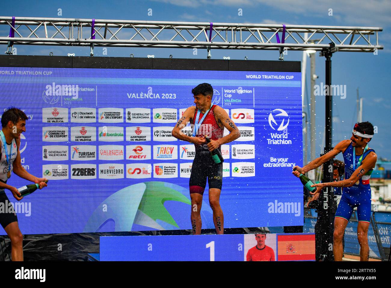 Valencia, Spain. 03rd Sep, 2023. Lasse Nygaard Priester (L) of Germany, David Cantero Del Campo (C) of Spain and Michele Sarzilla (R) of Italy seen during the bike race of 2023 Triathlon World Cup in La Marina de Valencia. Credit: SOPA Images Limited/Alamy Live News Stock Photo