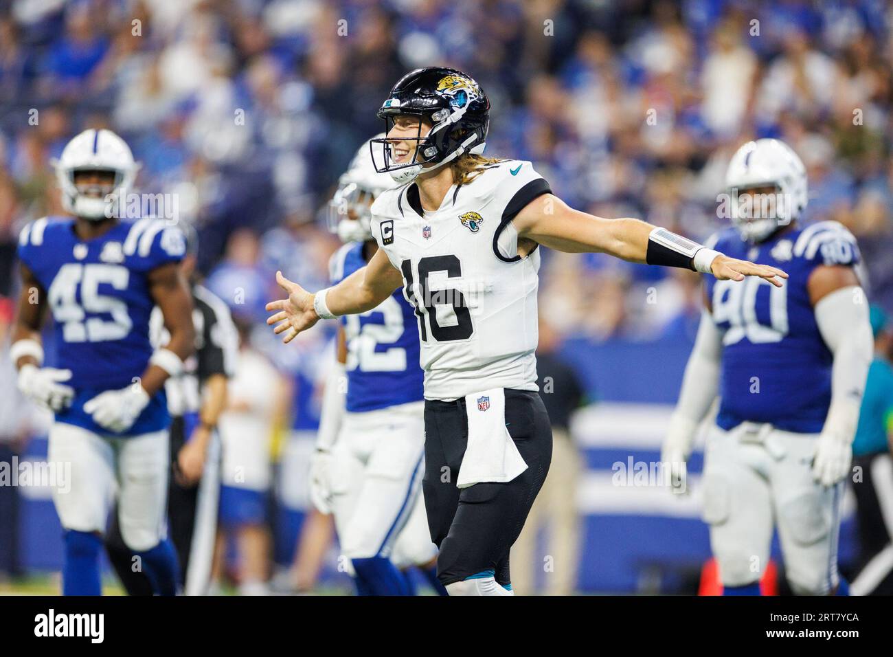 USA. 10th Sep, 2023. September 10, 2023: Jacksonville Jaguars quarterback  Trevor Lawrence (16) signals number one during NFL game against the  Indianapolis Colts in Indianapolis, Indiana. Jacksonville defeated  Indianapolis 31-21. John Mersits/CSM/Sipa