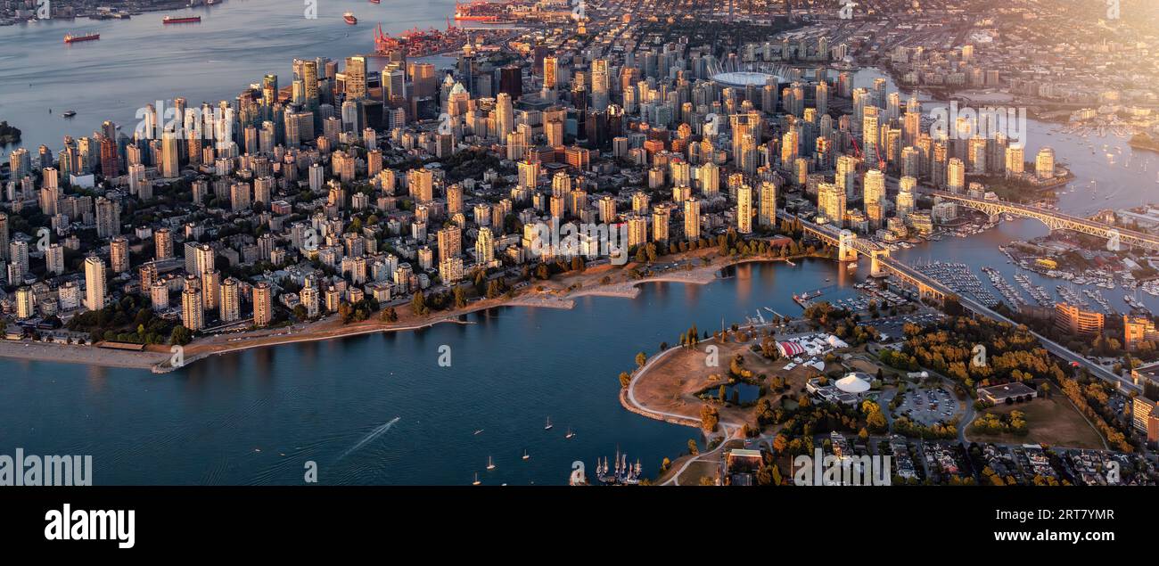 Aerial View of False Creek and Downtown Vancouver City on Ocean Coast ...