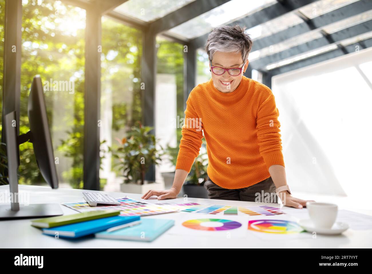 Stylish mature lady clothing designer using computer Stock Photo