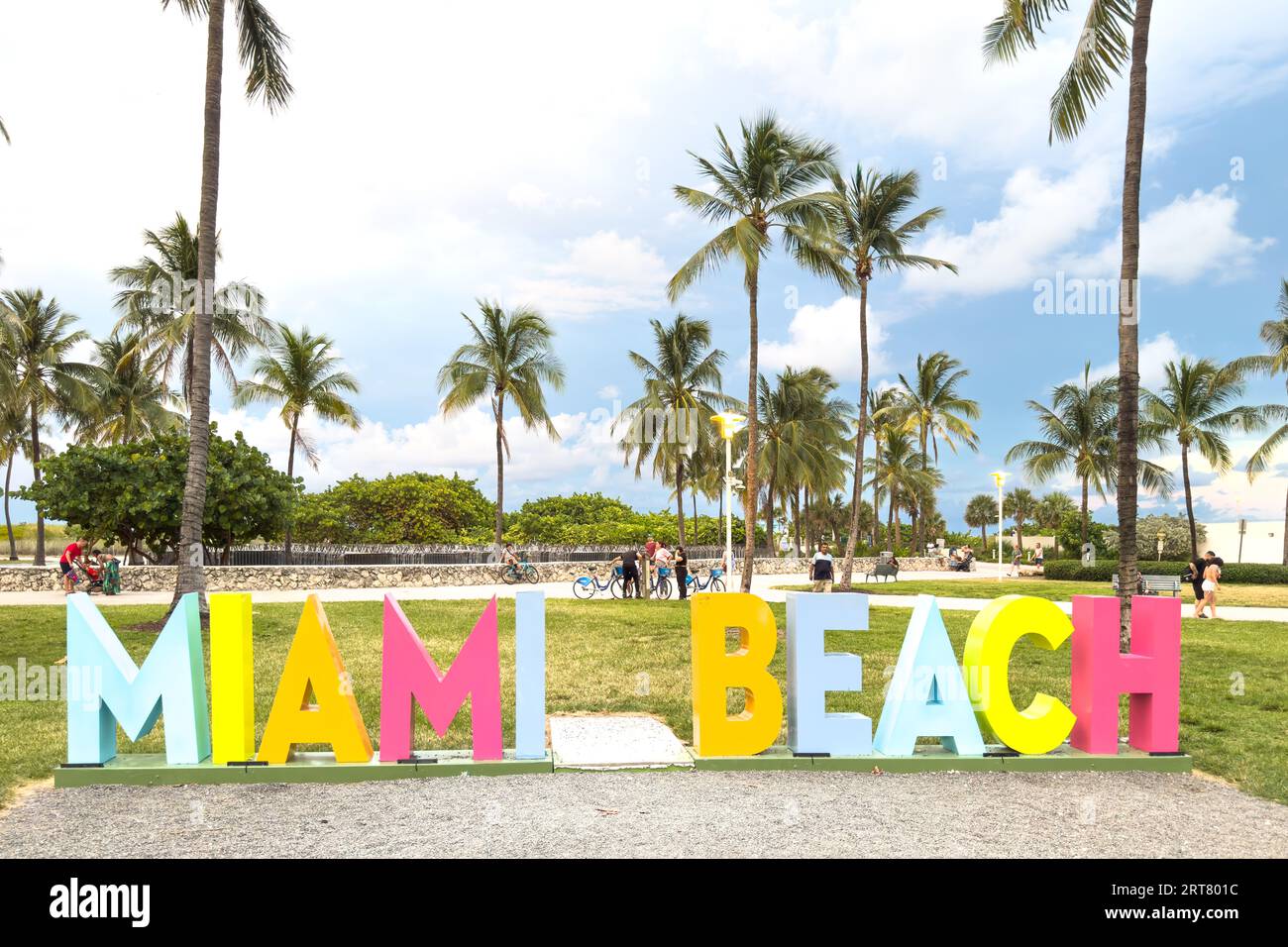 Miami, Florida - August 25th, 2023: Famous colorful Miami Beach sign in Lummus park at 5th Street. Stock Photo