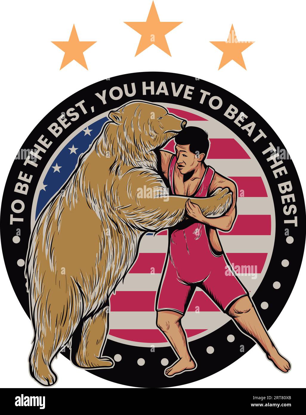 Athlete wrestling with a giant bear and United States of America flag as the background Stock Vector