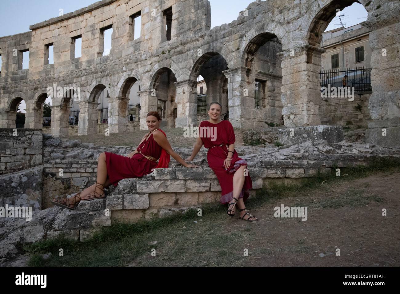 Pula Arena, Pula Amphitheatre, the dramatic historic Roman amphitheatre in Pula, Croatia which holds Gladiator fights during the tourist season. Stock Photo