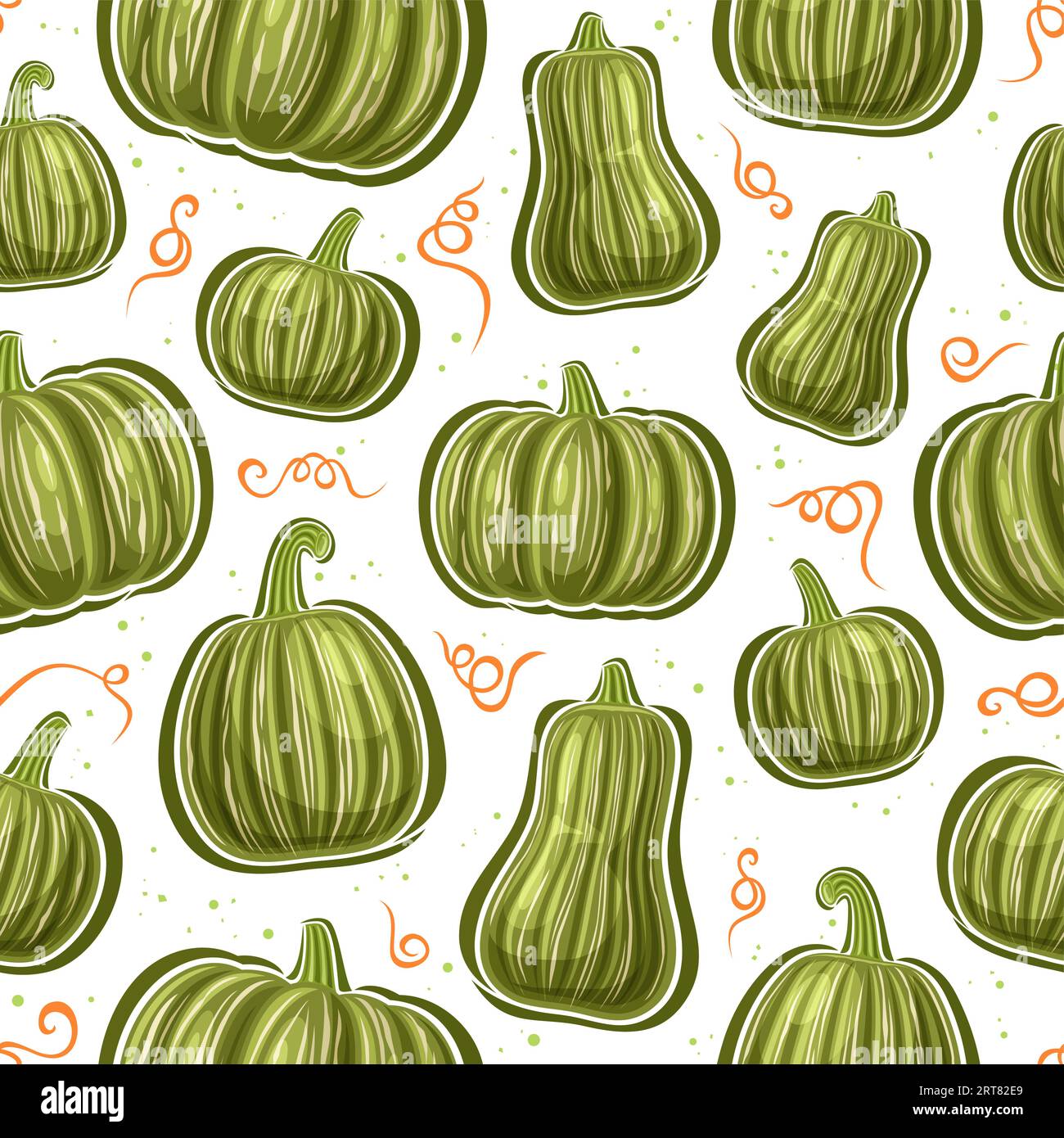 Vector Kabocha Seamless Pattern, square repeat background with cut out illustrations of ripe whole various pumpkins and orange twisted stalk for wrapp Stock Vector