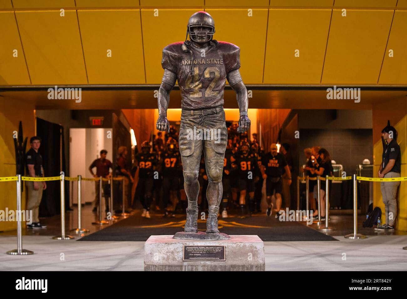 Tempe, United States. 09th Sep, 2023. Arizona State Pat Tillman statue  stands outside the tunnel at Mountain American Stadium before and NCAA  football game between the Arizona State Sun Devils and Oklahoma