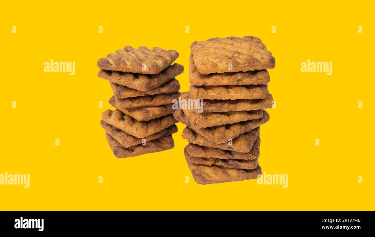 Tasty Yummy Choco Chips Biscuits Two Stack On Yellow Background Stock ...