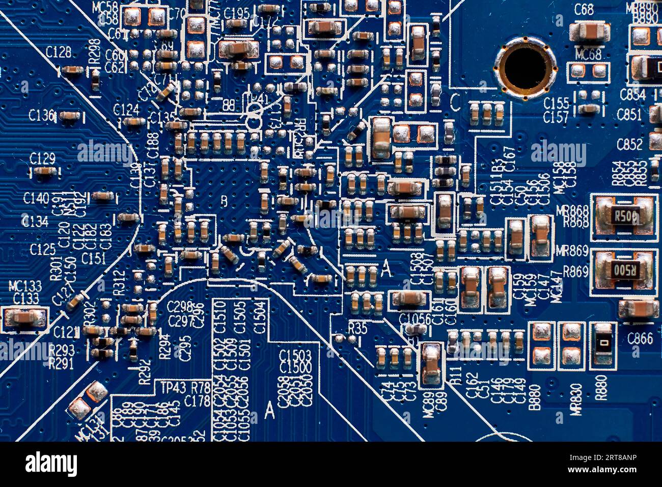 Printed circuit Board with chips and radio components electronics Stock Photo