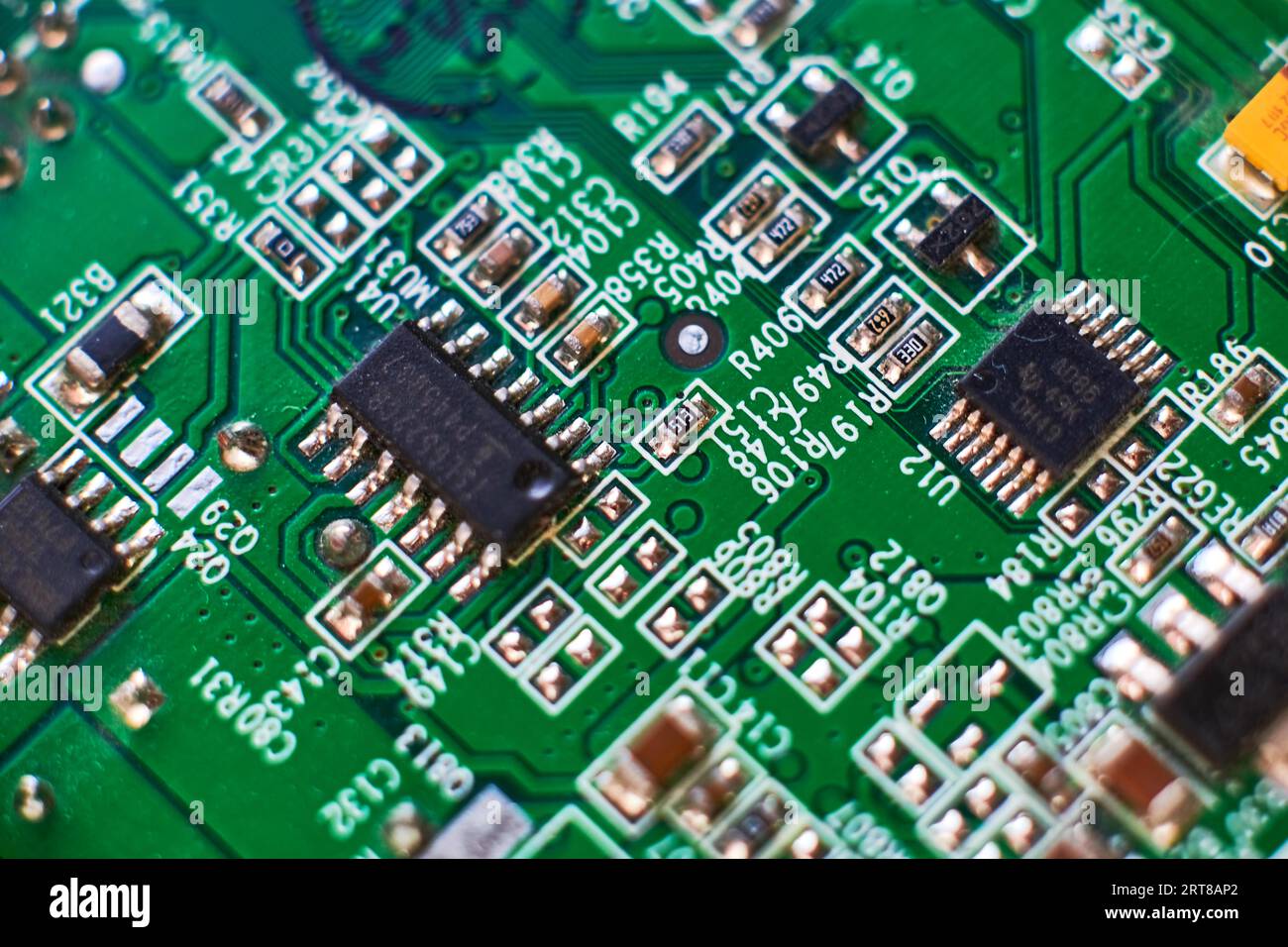 Printed circuit Board with chips and radio components electronics Stock Photo
