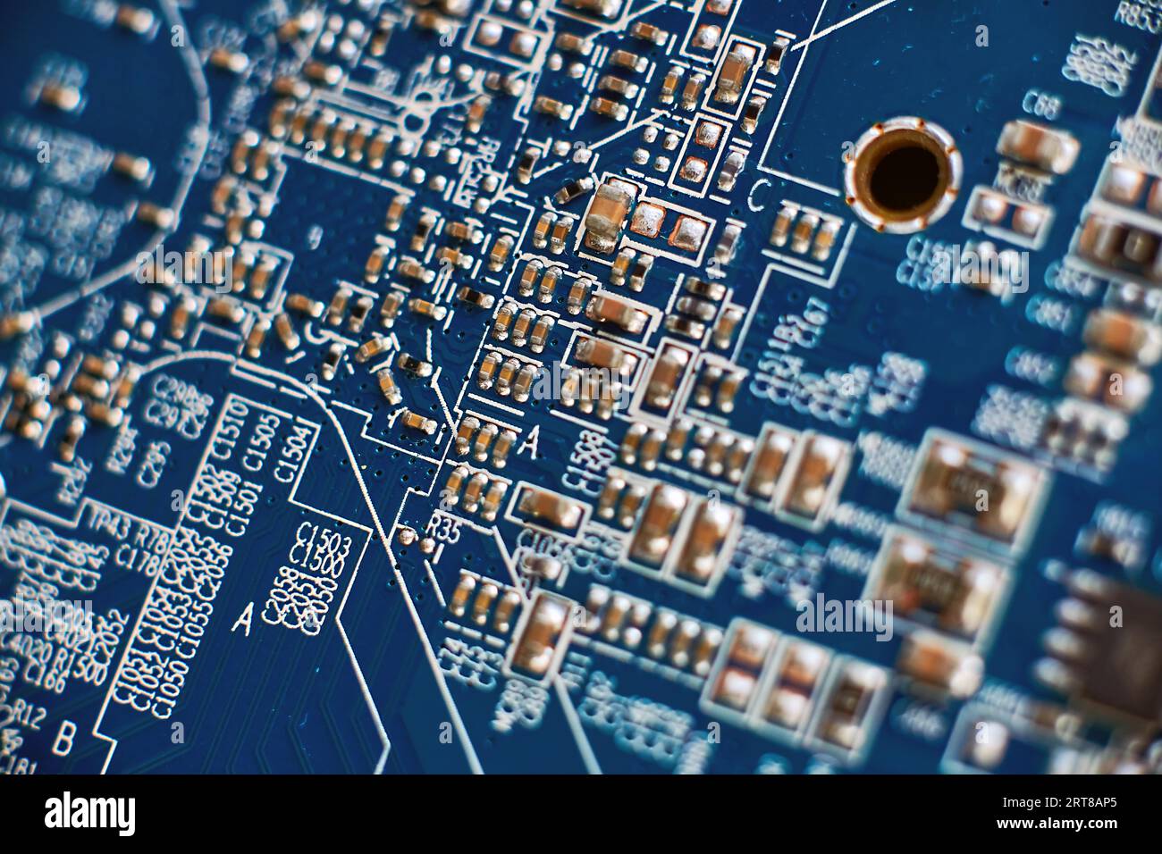 Printed circuit Board with chips and radio components electronics Stock Photo