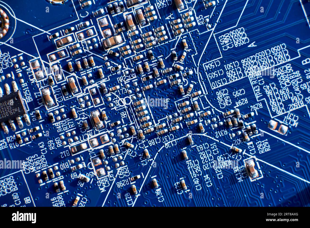 Printed circuit Board with chips and radio components electronics Stock Photo
