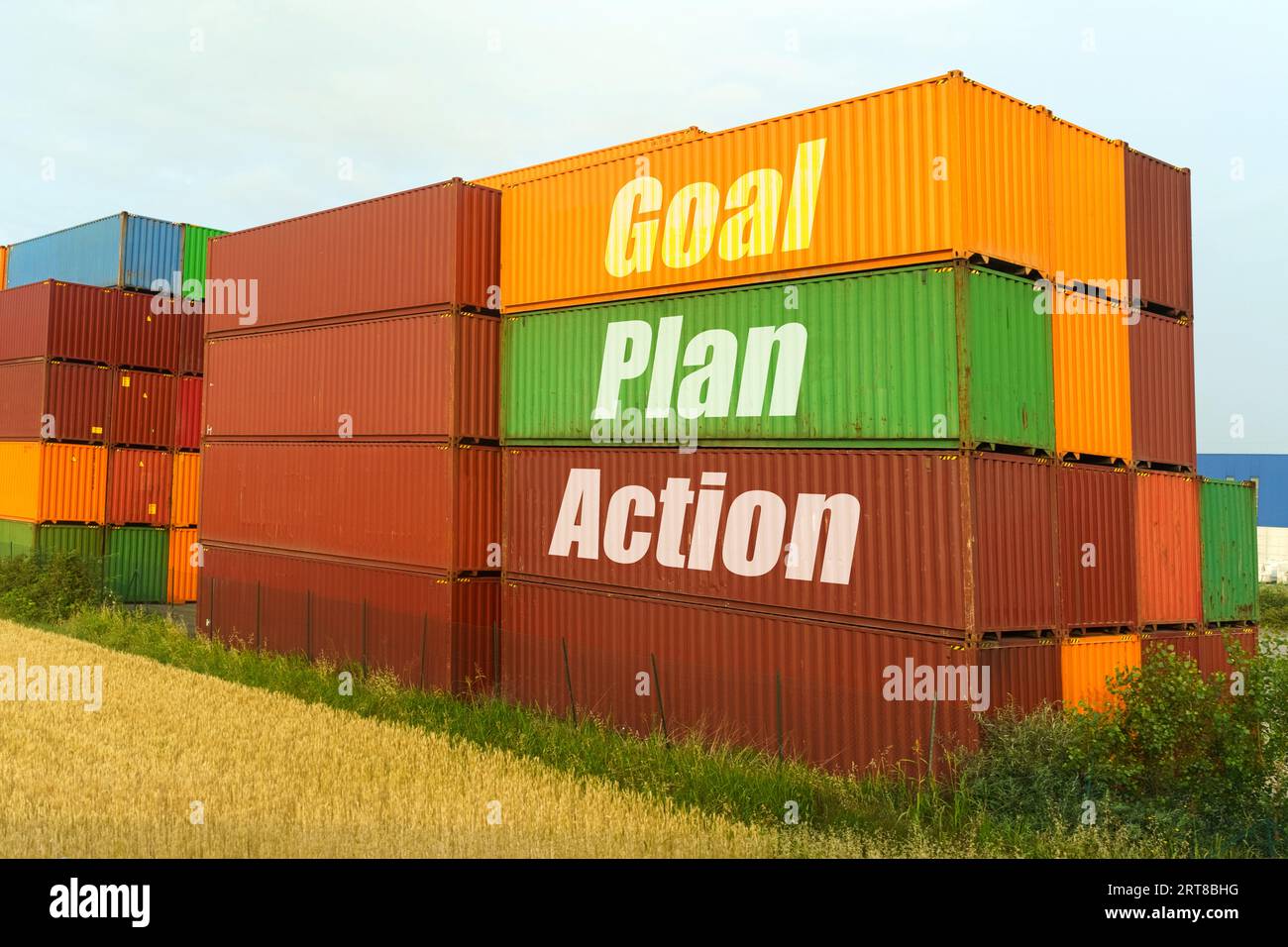 Business concept. On colored containers for the carriage of goods, the ...