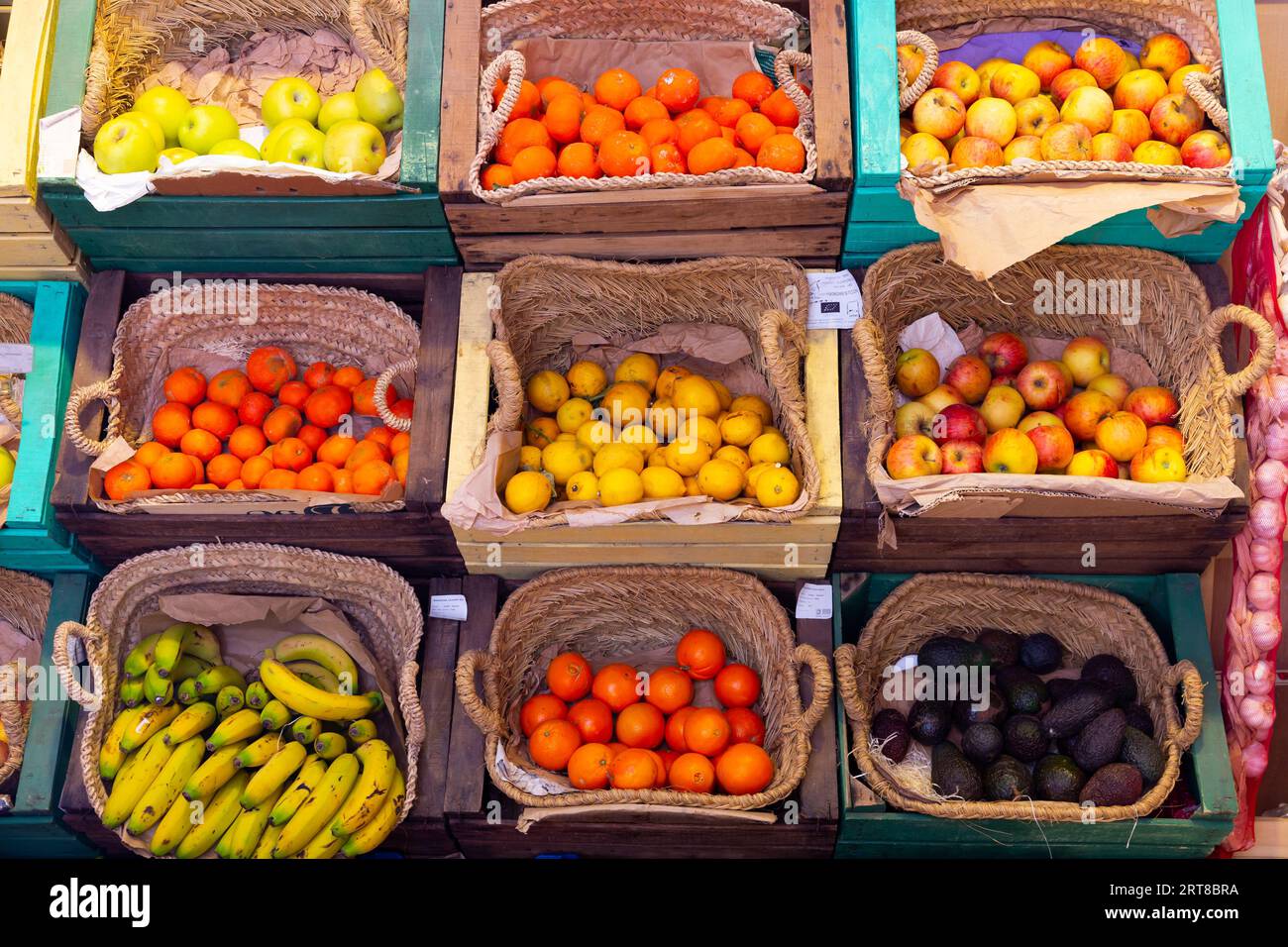 Fresh fruits on shelves in supermarket Stock Photo Alamy