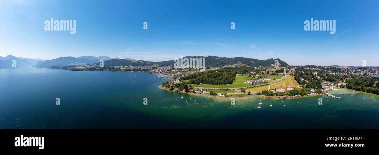 Drone shot, panorama shot, Villa Toscana in Toscana Park with Ort Castle, Gmunden, Altmuenster am Lake Traun, Lake Lake Traun, Salzkammergut, Upper Stock Photo