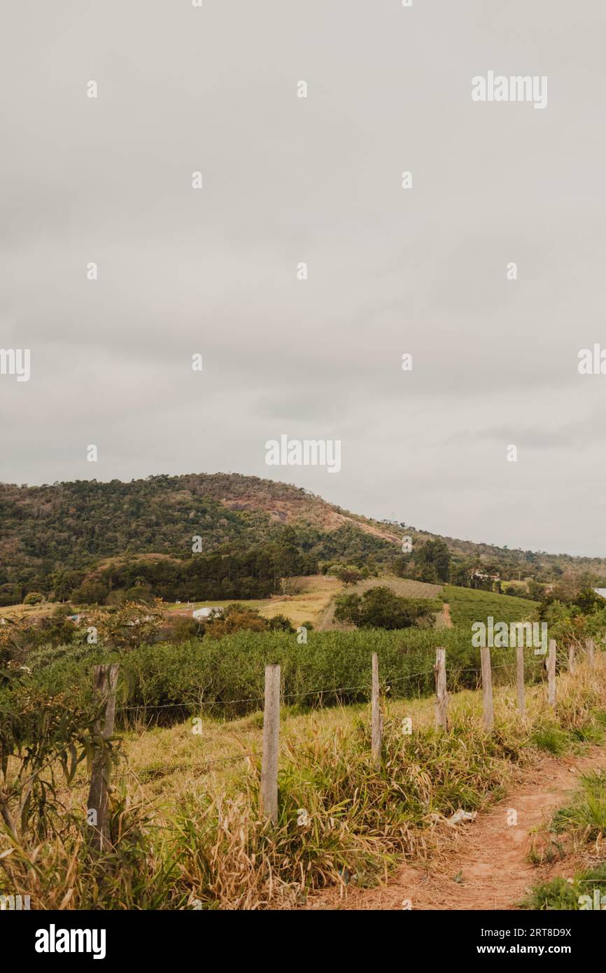 countryside fence in the mountains landscape background Stock Photo - Alamy