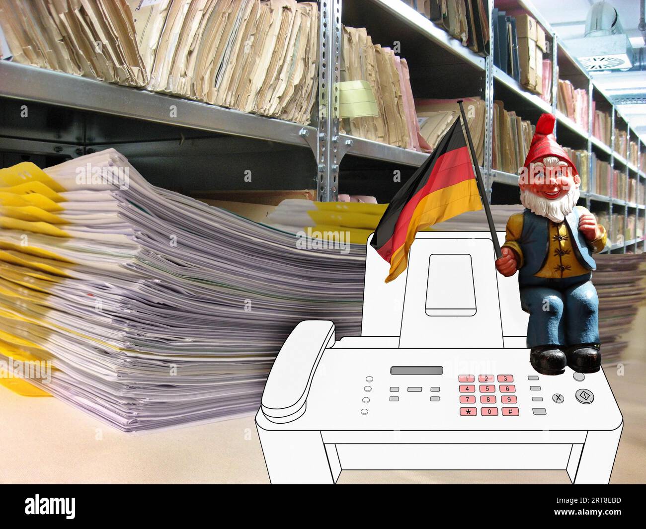 Symbolic image, German Michel, file shelves, federal authorities, digitisation of administration, outdated procedures, dusty authorities Stock Photo
