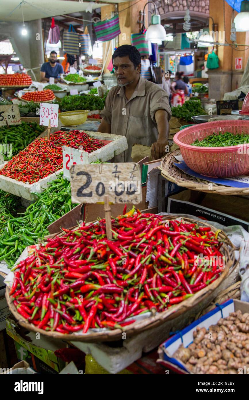 Chillies on a market stall at the Central Market in Port Louis, Mauritius Stock Photo