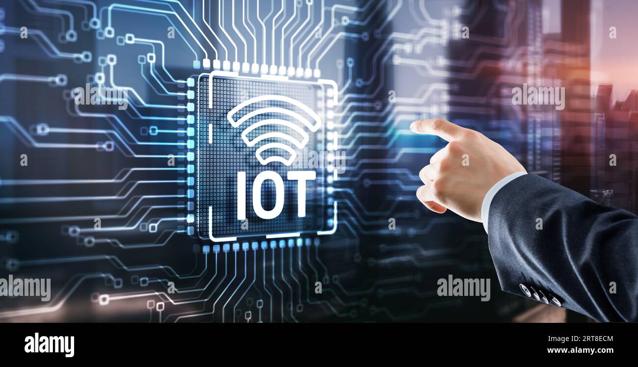 Clicking on the virtual screen Internet of Things IOT concept. Electric circuits graphic background with Infographic. Stock Photo