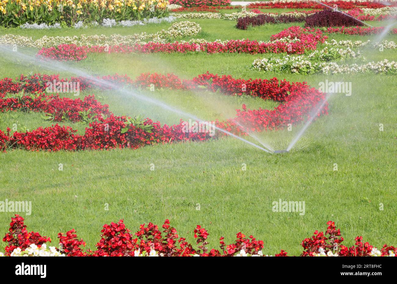 wide flowery garden with automatic irrigation system in operation during the summer Stock Photo