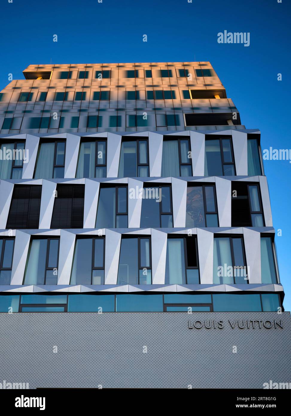 Louis Vuitton Brand Store, logo, shop, Dorotheen Quartier, DOQU, shopping mall, blue hour, Stuttgart, Baden-Wuerttemberg, Germany Stock Photo