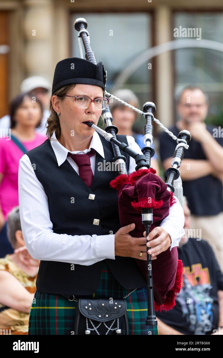 Bagpiper, music concert, Sigmaringen, Baden-Wuerttemberg, Germany Stock Photo