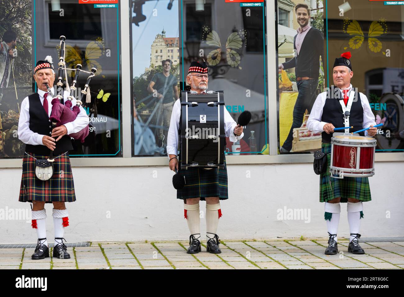 Group of musicians, with bagpipes and drum, music concert, kilt, Sigmaringen, Baden-Wuerttemberg, Germany Stock Photo