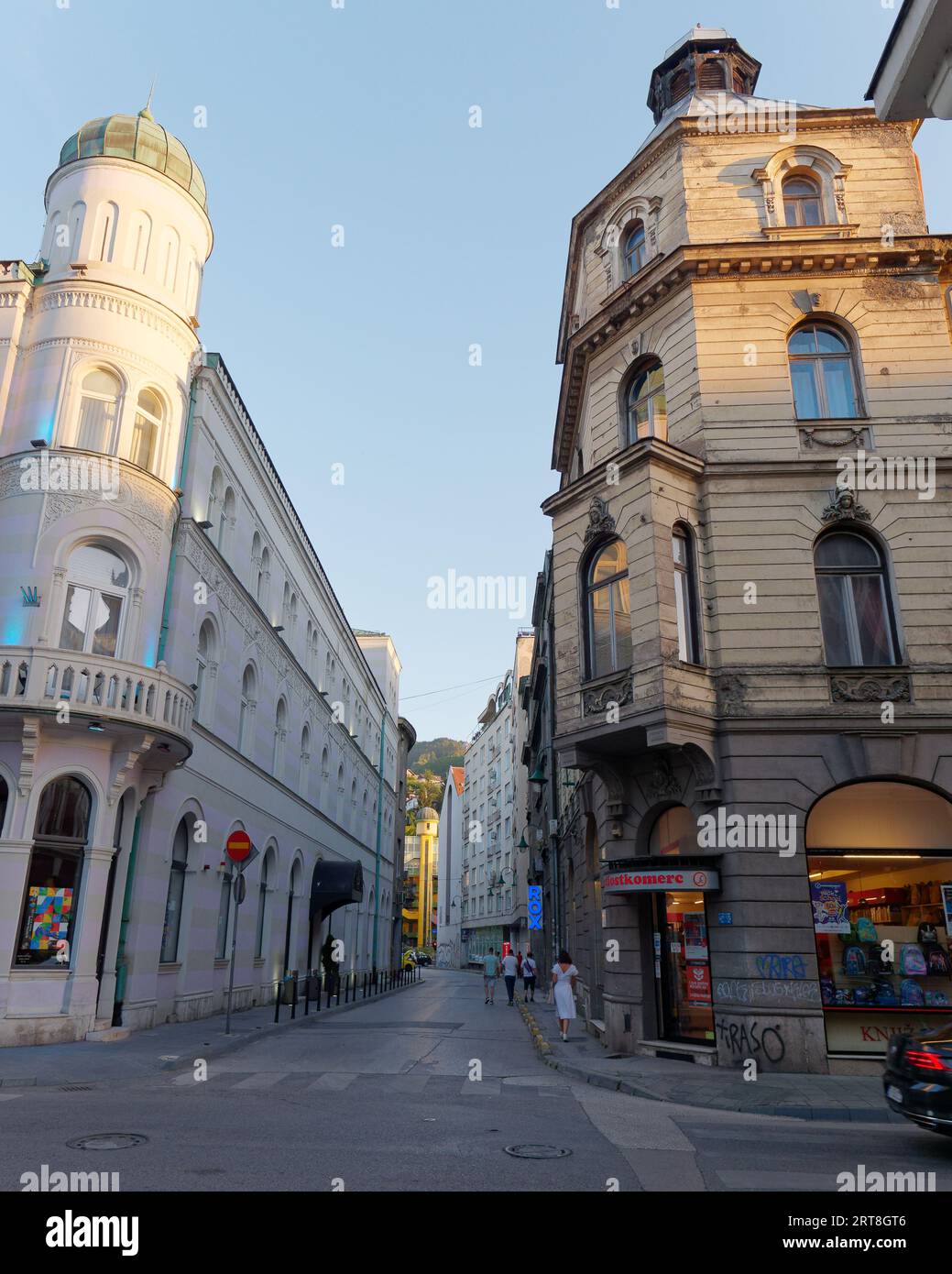 Street with elegant  corner buildings in the city of Sarajevo, Bosnia and Herzegovina, September 11, 2023 Stock Photo