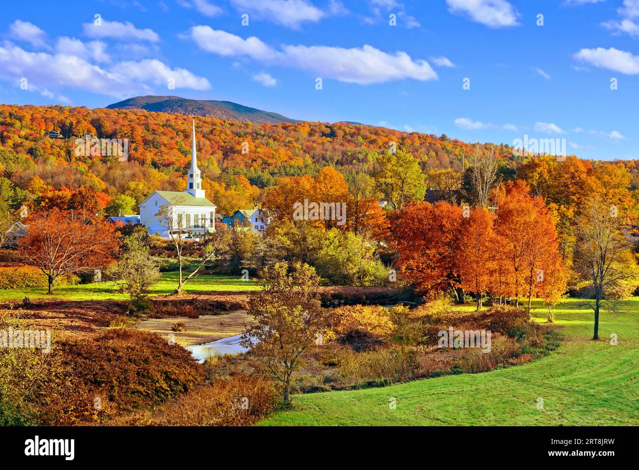 Autumn countryside view of the town of Stowe with white church and fall colors, Vermont, USA Stock Photo