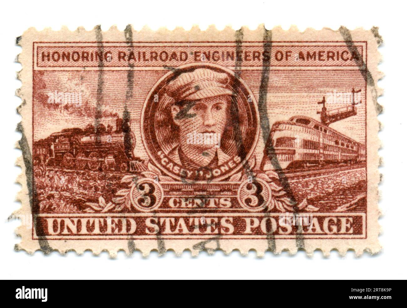 A cancelled U.S. postage stamp honoring railroad engineers of America issued in 1950. Stock Photo