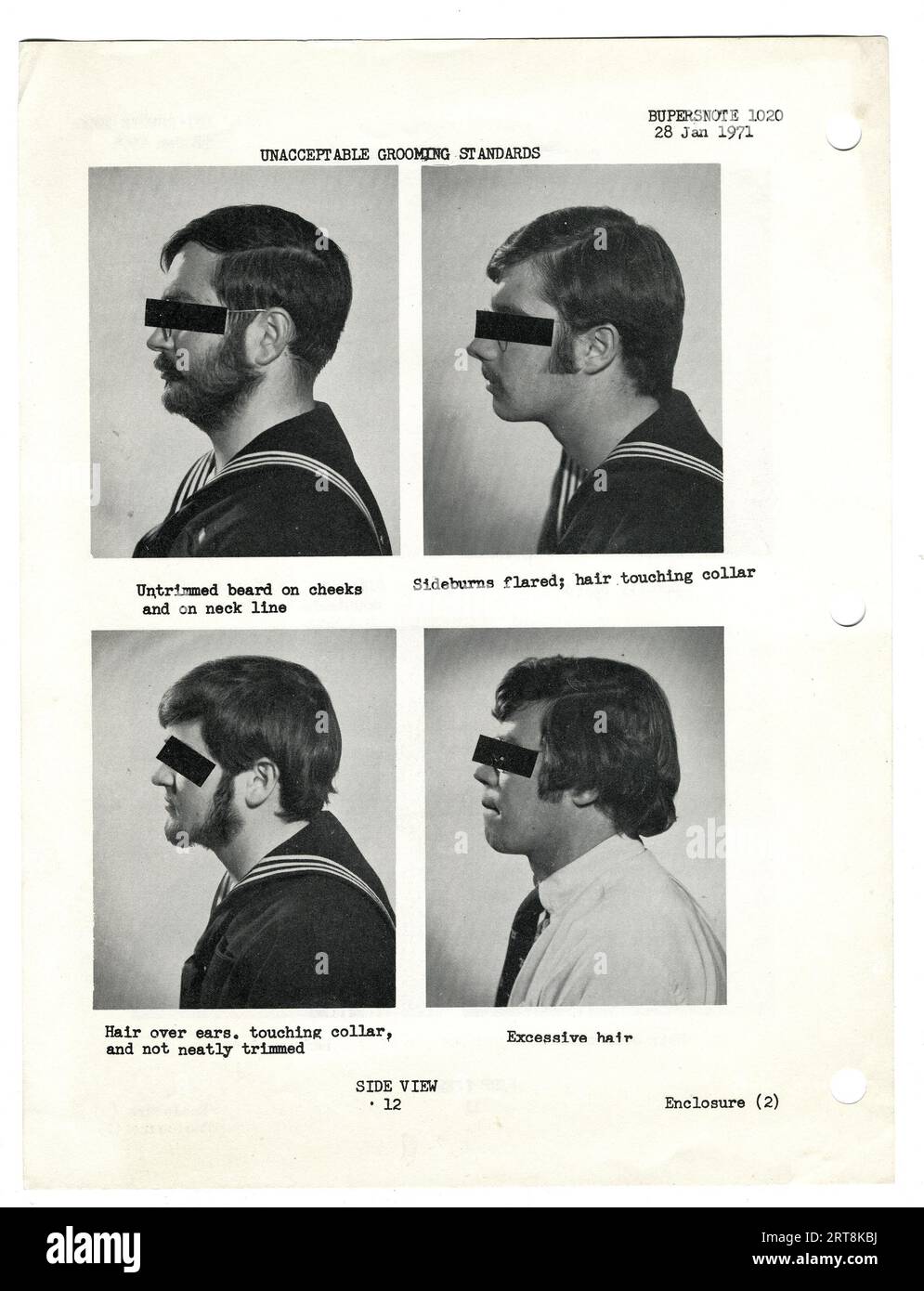 U.S. Navy Bureau of Personnel Notice showing "Acceptable Grooming Standards" sent to all Navy bases and ships in 1971. Stock Photo