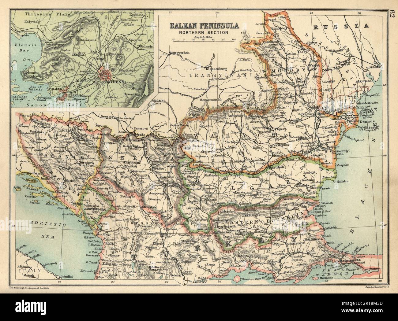 Antique map of Balkan Peninsula, Northern section, with detail on area surrounding Athens, 19th Century, 1890s Stock Photo