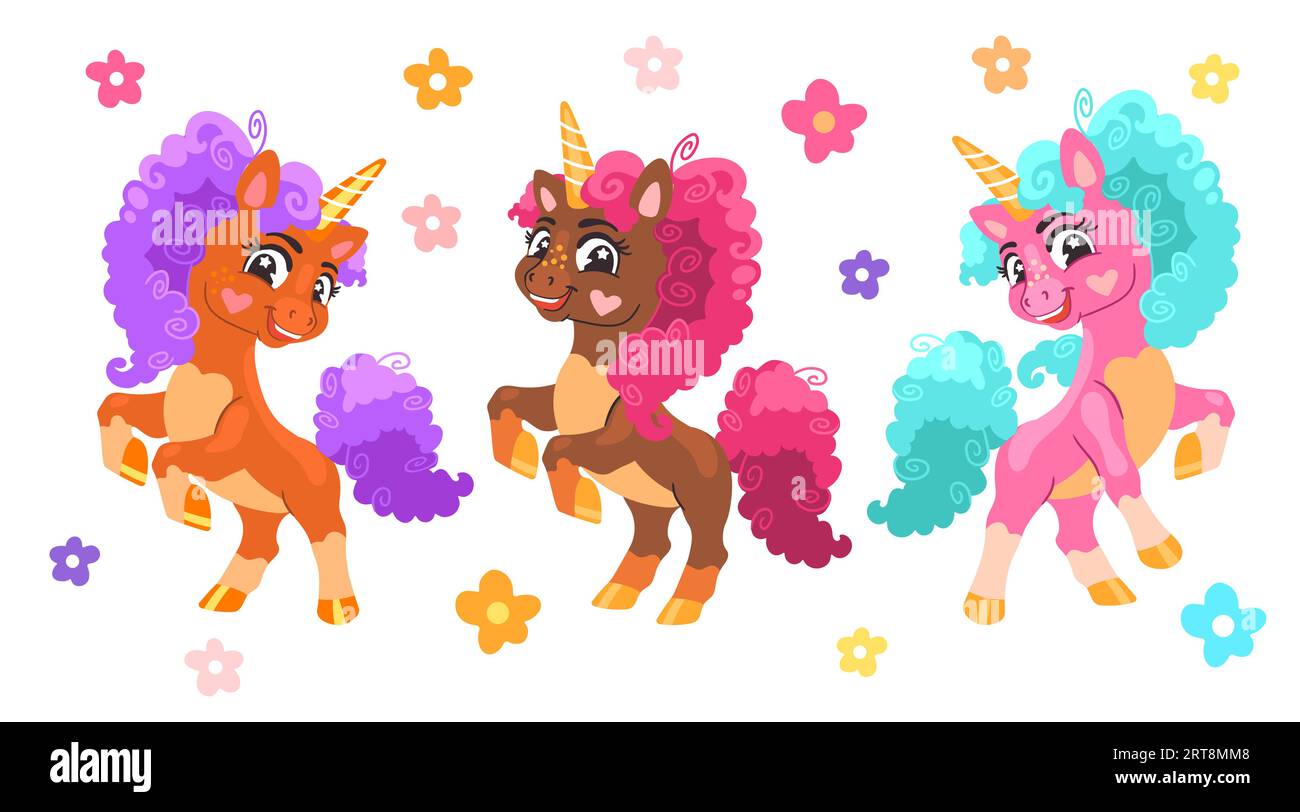 Set of three sute cartoon character unicorns with flowers. Vector illustration isolated on a white background. Happy magic unicorn. For print, design, Stock Vector