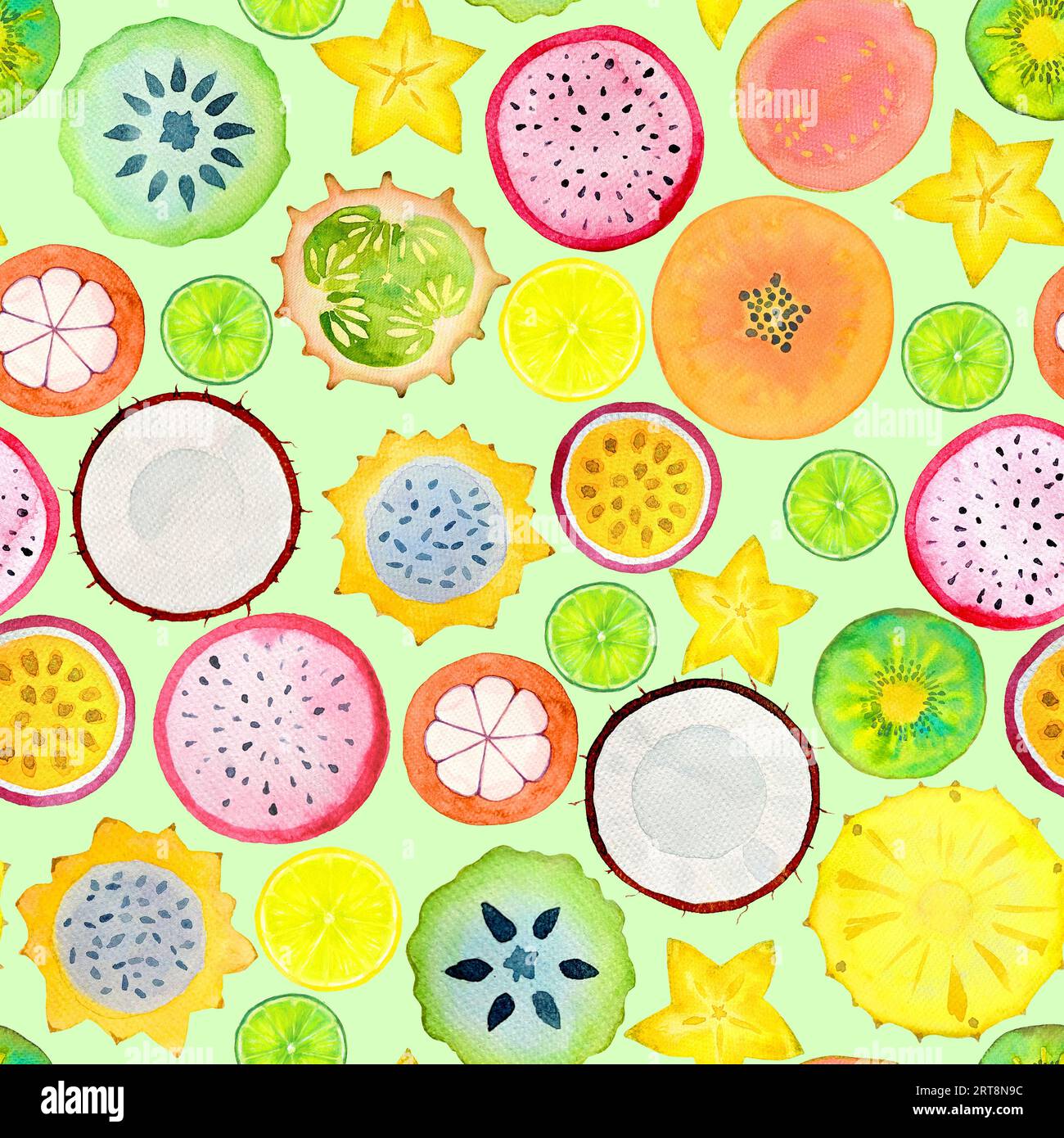 Seamless pattern with exotic tropical fruits slices. Watercolor hand ...