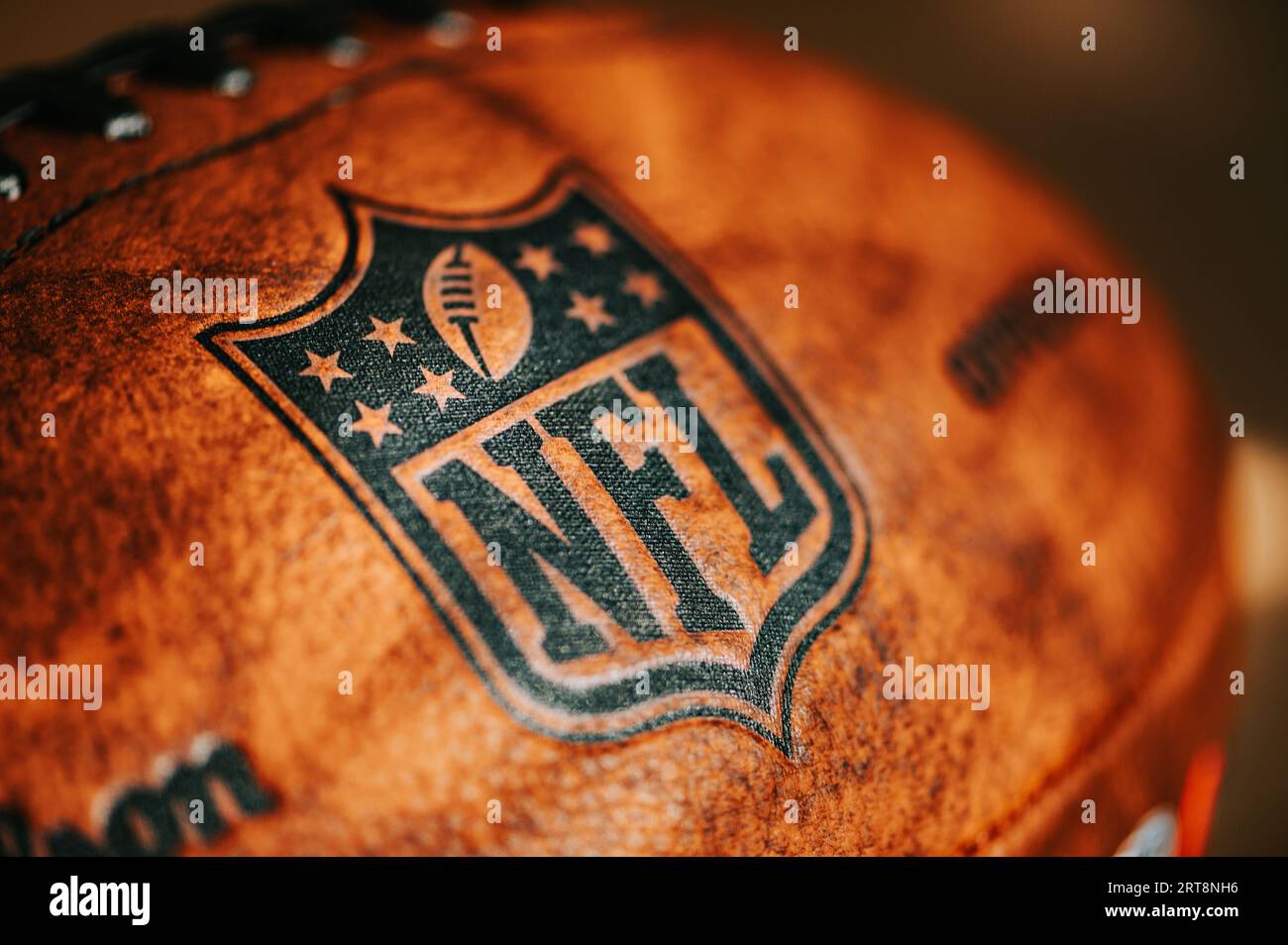 NEW YORK, USA, SEPTEMBER 11, 2023 Detailed Shot NFL Emblem on Game