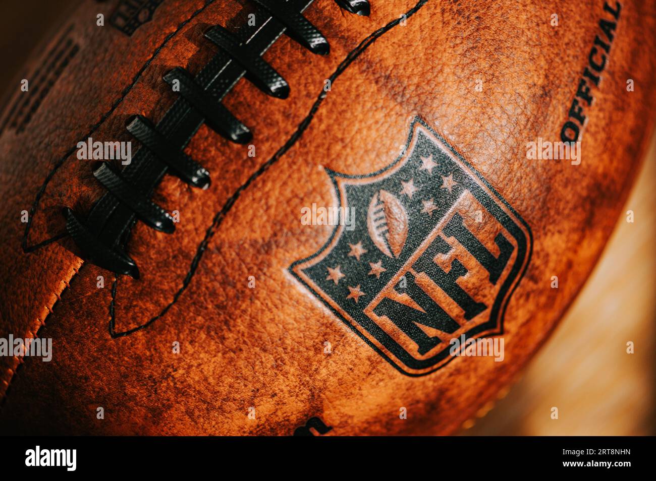 NEW YORK, USA, SEPTEMBER 11, 2023 NFL Leather Ball Logo in High