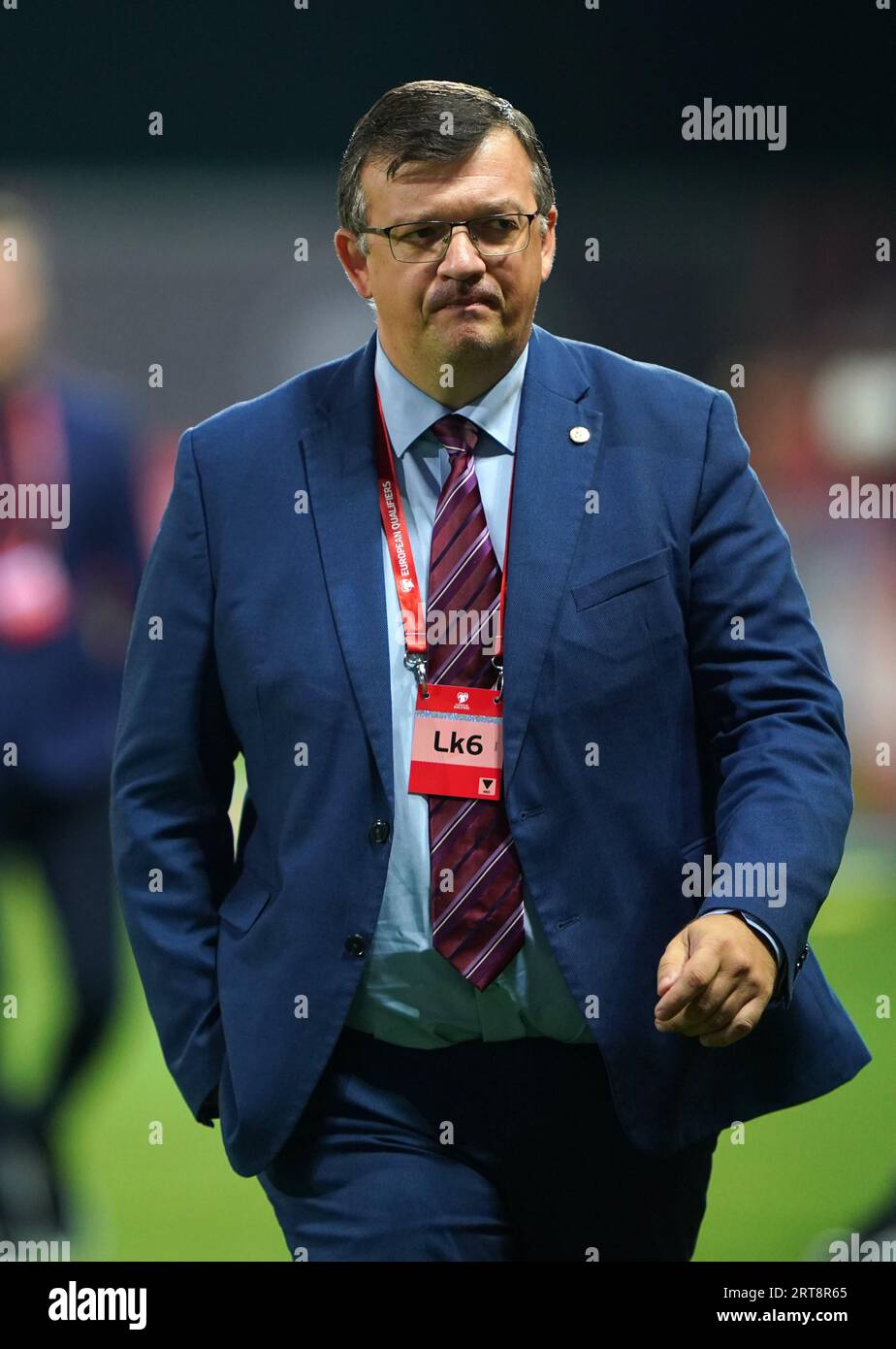 Latvia manager Dainis Kazakevics during the UEFA Euro 2024 Qualifying Group D match at the Skonto Stadium, Riga. Picture date: Monday September 11, 2023. Stock Photo